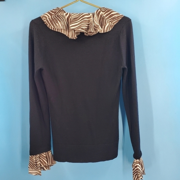 Tory Burch black wool sweater tan striped silk trim *flaw* - Picture 8 of 16